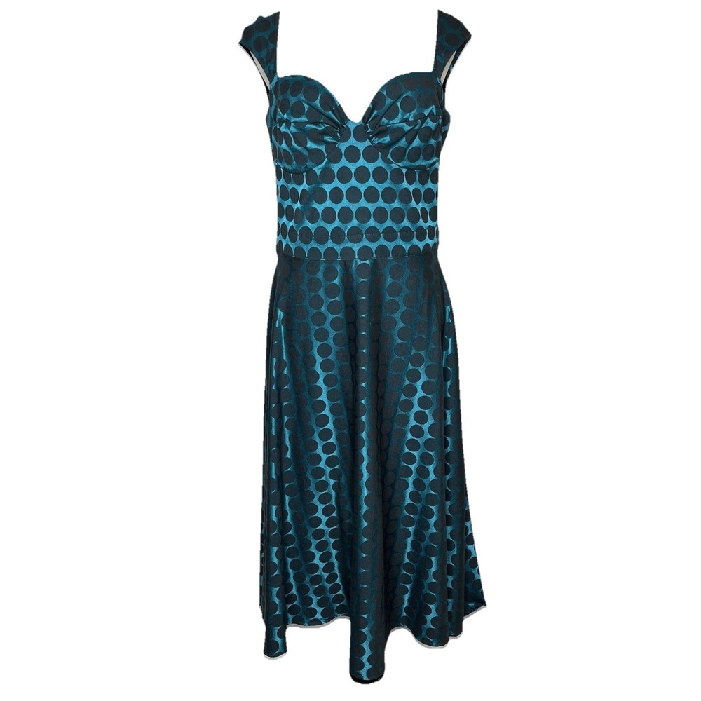 Bettie Page Queen Of Pinups Teal Polka Dot Dress Size 12 Coquette Retro 60s